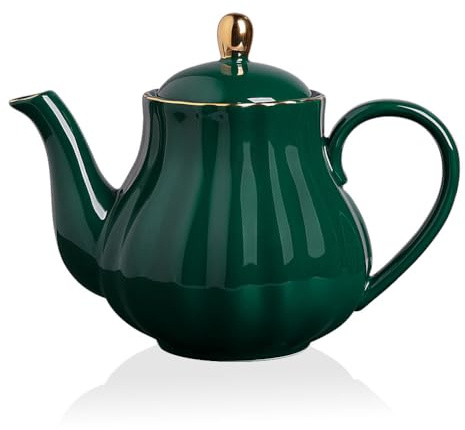 Sweejar Home Royal Teekanne, Keramik-Teekanne mit abnehmbarem Edelstahl-Teesieb, blühende & lose Blätter-Teekanne – (5–6 Tassen), 1100 ml (Jade)