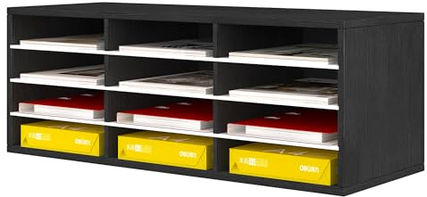 Senhoglb 12 Fächer Schreibtisch Ablagefächer Holz, Aktenablage A4 stapelbar,Schreibtisch Ordner Organizer, Büro Briefablage, Halten Sie Ihren Desktop Sauber, Schwarz