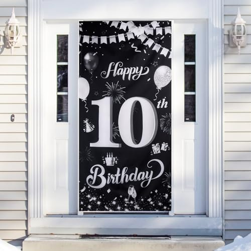 10.Geburtstag Banner Deko 10.Geburtstagsfeier Schwarz Silber 185×90cm, 10.Geburtstag Hintergrund Banner Happy Birthday Banner für Jungen Mädchen 10 Party Geburtstagsdeko