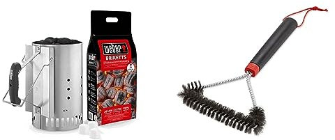 Weber 17631 - Kit Ciminiera di Accensione + 2 Kg di Bricchetti + 3 Cubetti Accensione & 12 Three-Sided Grill Brush