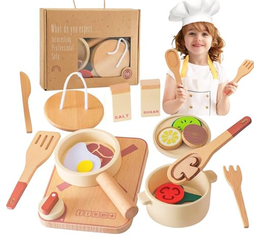 Smartwo Topfset und Geschirr für Spielküche, Kinderküche Zubehör aus Holz, Küchenutensilien Pfanne Holzspielzeug-Set, Kochset für Rollenspiele, Weihnachten Geschenk für Jungen Mädchen ab 3 Jahre