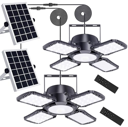 Auzev Solar Shed Light Indoor Outdoor Upgrade 176 LED 4 and 1 Heads Solar Powered Motion Sensor Pandent Daytime Work Lights with 4 Modes Remote Control Security lamp for Garage Gazebo Barn (2 Pack)