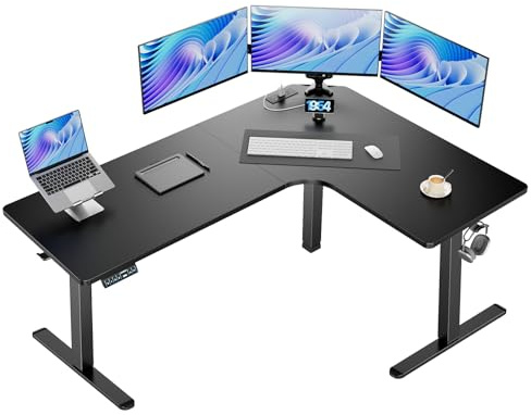 HUANUO 63″ L-Shaped Standing Desk, Built-in Power Outlets, Electric Height Adjustable Corner Computer Desk, Large Power Strip Holder, Sit Stand Up Desk with 3 Preset Heights, Black