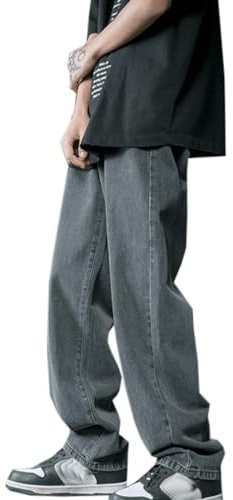 WANLAI Y2K Pantalon Baggy pour Homme, Jean Vintage pour Adolescents, Jeans pour Skateboard, Pantalon en Denim Streetwear, gris/noir, M