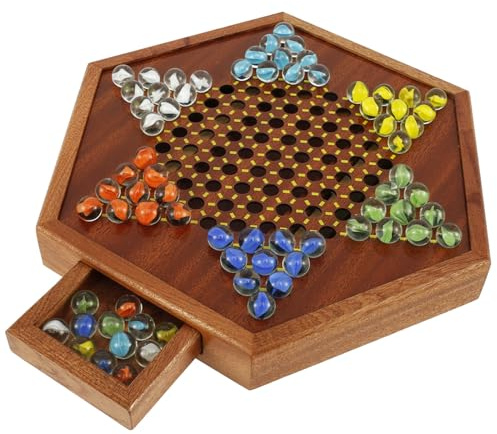 Chinese Checkers Wooden Traditional 6 Inch Hexagon Board Game Set with Drawers and Colorful Glass Marbles Board Game for 2 to 6 Players