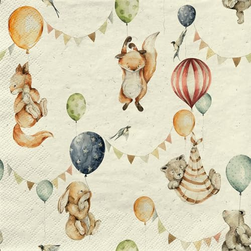 20 Servietten aus Recycling-Papier Kindermotive Tiere fliegen mit Ballons als Tischdeko. Papierservietten mit Motiv. Auch für Decoupage und Serviettentechnik 33x33cm