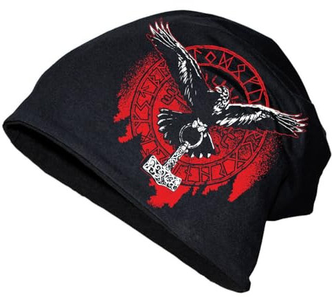 Herren Long Beanie Mütze Odins Raben mit Thors Hammer Wikinger Nordic Norse skal