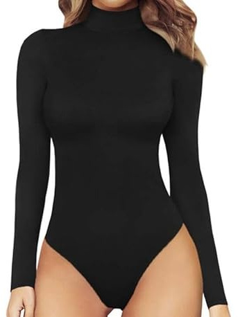 Body à manches longues et col roulé pour femme - Coupe ajustée - Respirant - Contrôle du ventre, Noir , XS