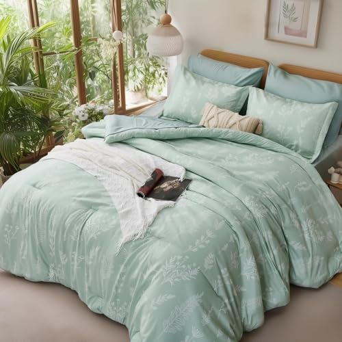Kozyhvn Queen Comforter Set 7 Pieces, Sage Green Comforter, Cute Floral Bed in a Bag Queen Boho, Soft Fluffy Bedding Sets with Comforter, Sheets, Pillowcases & Shams, All Seasons