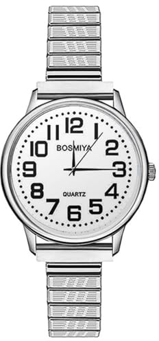 OIDEA Elastic Strap Watches for Women: White Large Face Clear Number Women's Easy Reader Watch Analog Quartz Wrist Watch Ladies Watch Silver Stainless Steel Band
