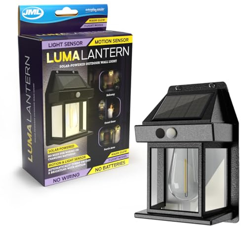 JML Solar Powered Outdoor Luma Lantern - LED Garden Lights with Motion Sensor, Wireless Mounted Wall Light with 3 Settings - Traditional Outdoor Wall Lights for Patio, Driveway & Garden