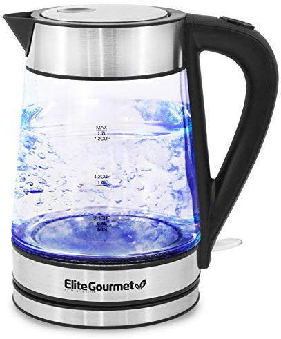 Elite Gourmet EKT602X Glass Electric Tea Kettle Hot Water Heater Boiler BPA-Free with Blue LED Interior, Fast Boil and Auto Shut-Off, Strix Controller, 1.7L, Stainless Steel