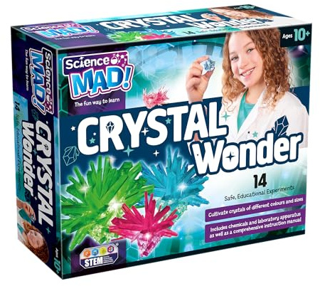 Science Mad - Crystal Wonder Kit - Learn About Crystal Cultivation With 14 Safe, Educational and Fun Experiments - Includes Chemicals, Apparatus and Detailed Instructions, 10+ Years
