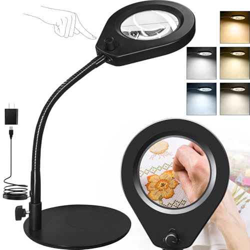 Lampe Loupe LED de Bureau - Lentille 5X 105 mm, Lumière Dimmable (5 Couleurs, 790 LM) avec Base Stable - pour Couture, Travaux de Précision & Éclairage