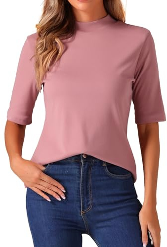 Allegra K Tops hasta El Codo para Mujer Blusas Casuales Cuello Alto Top Sólido Elástico Suave Camisetas Media Manga Rosa Oscuro XL