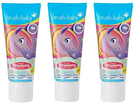 Brush-Baby - Natural Strawberry Kids Toothpaste, 3 x 50ml Tubes - for Ages 3+ - with Xylitol & Fluoride - Strong Teeth, Healthy Gums & Fresh Breath - Gentle Vegan Formula, Safe if Swallowed
