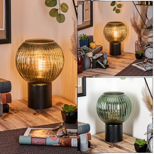 HOFSTEIN Tischleuchte Koyoto, Tischlampe aus Metall/Riffelglas in Schwarz/Grün, Leuchte im Retro/Vintage-Design mit Glasschirm, Ø 20 cm, E27, Wohnzimmer, Schlafzimmer, Esszimmer, Flur, Büro