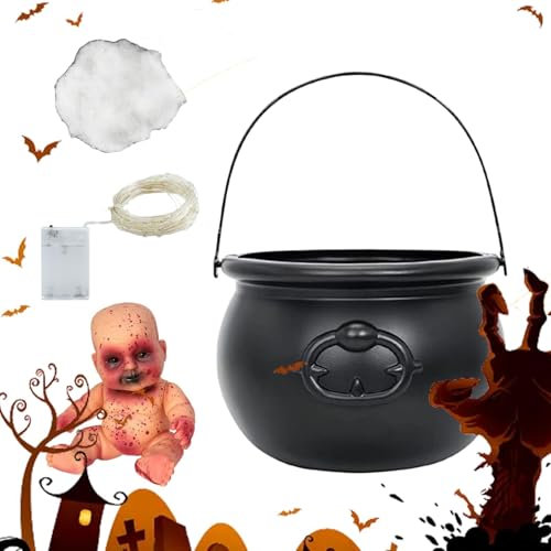 Halloween kittel med – svart häxa halloween kittel krukor – festdekorationer med färgglada LED-lampor för entrébord, TV-skåp, öppen spis, halloweenfest