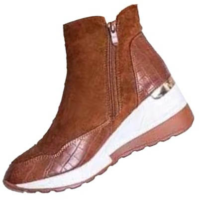Bottines Femme Patchwork Cuir Tendances Sport Bottines Courtes Grande Taille Chaudes Compensées Légères Antidérapant Chaussures Confortables 41 Brun