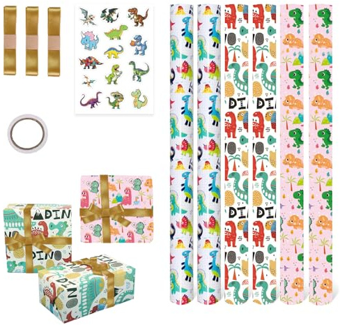 Dinosaurier Geschenkpapier,Geschenkpapier Kinder,Geschenkpapier Dino Set – 6 Blatt 51x75 cm, Dinosaurier Sticker und doppelseitiges Klebeband – Ideal für Kindergeburtstag & Dino Partys