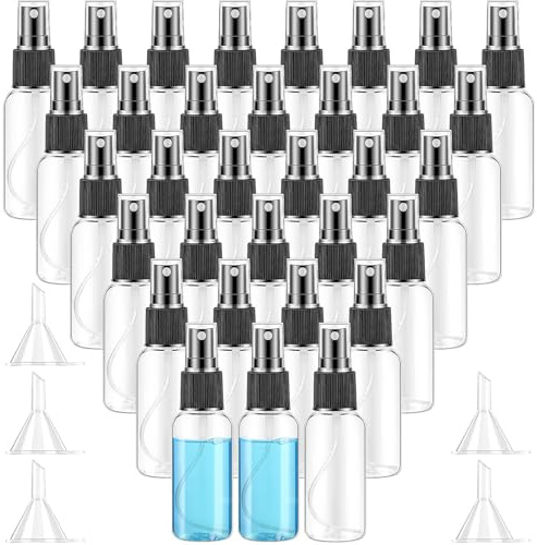 100 mini botellas de spray a granel, botella pequeña de plástico de viaje de 30 ml con 5 embudos, botellas de spray transparentes vacías recargables para perfume, tónico de piel, aceites esenciales,