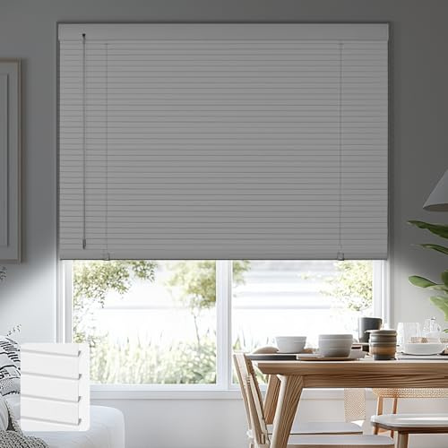 HOTSOON Aluminum Mini Blinds for Indoor Windows Cordless 1In No Holes 100% Privacy Protection L-Shaped Slats Room Darkening Horizontal Window Blinds for Office,Home, White, 35 W x 48 H