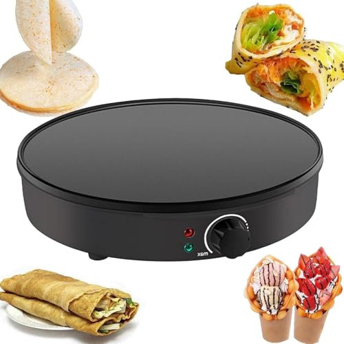 Crepera eléctrica comercial, sartén eléctrica de 12 con temperatura ajustable, placa eléctrica antiadherente de 30 cm for crepes, blintz, chapati, pizza, pan, huevos fritos, tacos