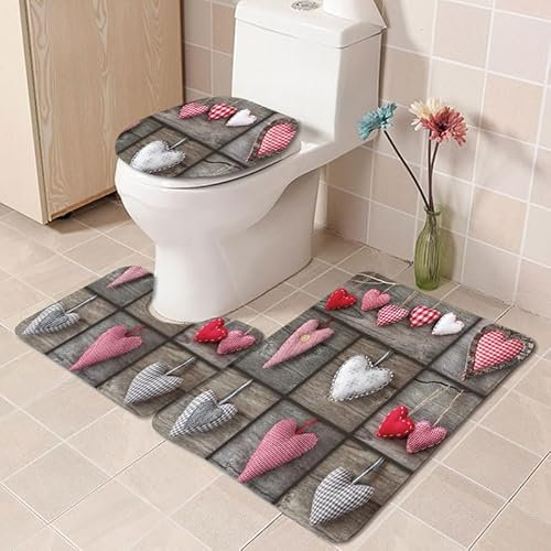 Badrumsmatta grå trä rosa WC matta med urtag WC lockskydd 3 delar WC matta halkfri badrumsset U-formad badmatta tvättbar badrumsmatta set 50 x 80 cm