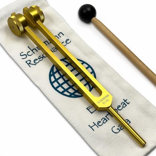 Schumann Stimmgabel mit Erdstern-Gravur, 93,96 Hz | Mit Tragetasche und Rührer, Klangheilungsinstrumenten und Biofeld-Harmonisierung, Chakra-Ausrichtung, Erdstern-Gold