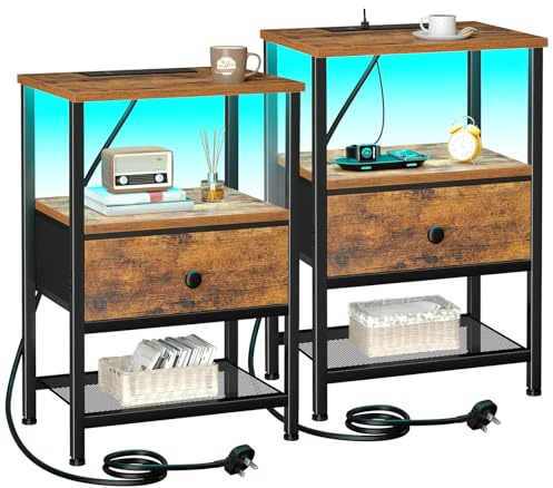 AMHANCIBLE Bedside Tables Set of 2, Side Table with Charging Station