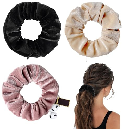 Pack of 3 Women's Hair Bobbles, Money Hide for Hiding, with Zip Pocket, Travel Gadgets for Women, Can Store Valuables, Safe Holiday (Black, Beige, Pink)