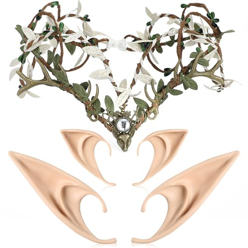 MOSTORY Geweih Elfen Blumenkrone Elfenohren Set für Faschingskostüme Damen, Wald-Feenkrone mit Grüne und Weiße Blätter für Renaissance Accessoires Cosplay