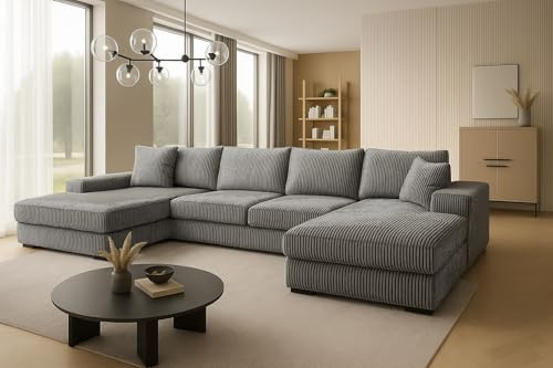 A&J MöbelLand Ecksofa VIENA 328x182 cm mit Schlaffunktion, Bonellfederkern und Bettkasten in Platinfarben – modernes Schlafsofa mit Stauraum