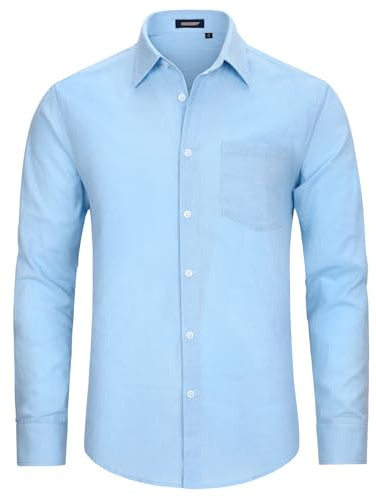 HISDERN Mens Cotton Linen Shirts Long Sleeve Casual Button Down Shirt Light Blue Button Up Vacation Formal Dress Shirt with Pocket