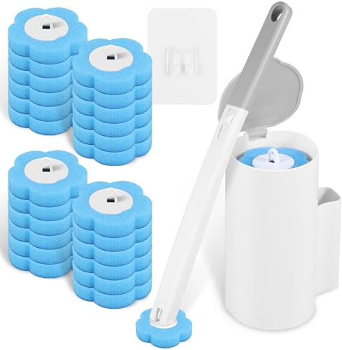 Disposables Toilet Brush and Holder Set with 24 Cleaner Refills, Wall Mounted Bathroom Bowl Cleaning Wand System with Handle for Bathtub Sink Wash Basin (Grayish White+24head)