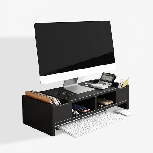Support de moniteur en bois avec tiroir à 2 niveaux pour ordinateur et télévision à écran plat - Élégant rehausseur de bureau pour la maison et le bureau
