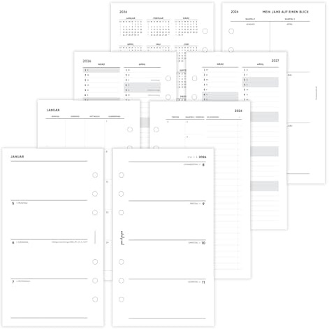 pen & pages® Kalender 2026 Zeilen unliniert 1 Woche auf 2 Seiten Personal 9,5 x 17,1 cm Kalendereinlage für Ringbuch mit Monatsübersicht Jahresübersicht DACH Feiertagen 6 fach Lochung (All-in-One)