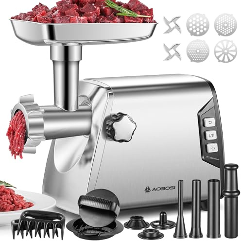 AAOBOSI #12 Fleischwolf, [3000W Max], 3 Geschwindigkeit Fleischwolf Elektrisch Schwerlast: 2 Klingen,4 Platten,3 Wurstfüller,Kibbe-Kit,Fleischklammer,Burger-Presse (Silber)