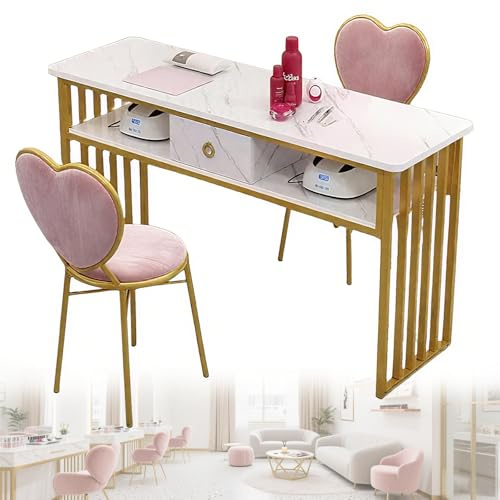 ZHIGUANYUN ManiküretischNageltisch mit Regal Marmorstruktur Double Layer Nageltisch aus Holz Metallgestell，Maniküre Tisch für Nail Tech Schönheitssalon White-120cm