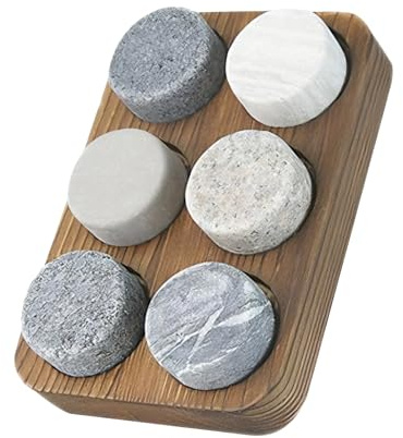 KOSLEOW Whisky Steine Set 6 Handgefertigte, Granit Kühlsteine Runde Form im Holz Präsentationsbrett, Ideal als Whisky Geschenkset für Whisky Liebhaber, Whisky Zubehör & Whiskey Smoker Set Ergänzung