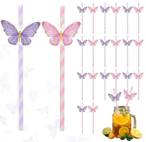 Ovanda 20 Stück Strohhalme Papier, Lila Rosa Schmetterling Streifen | Geburtstag Mädchen Einweg Papierstrohhalme, Cocktail Strohhalmes für Mädchen Geburtstag Party, Hochzeiten und Anlässe
