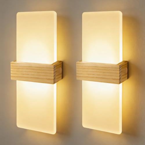 JaneYi Lot de 2 Applique Murale Intérieure LED 12W Blanc Chaud 3000K Lampe Murale Moderne en Acrylique avec Boîtier en Bois Applique Éclairage Haut et Bas pour Couloir Escalier Salon Chambre