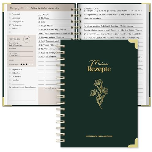 BIROYAL Rezeptbuch zum Selberschreiben, 120g dickes Papier ohne Durchbluten, Spiralbindung, A5 Format - 100 Rezepte à 2 Seiten, mit Umrechnungstabelle und Saisonkalender für Obst, Gemüse und Kräuter