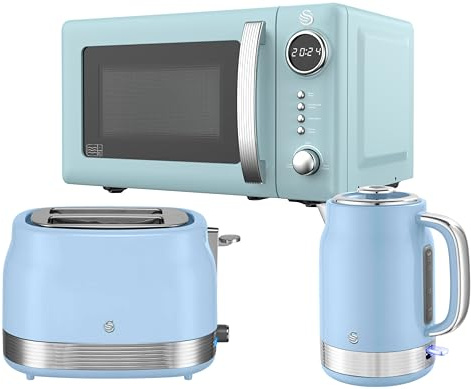 Swan Retro Revive Blue Kitchen Appliance Bundle – 1.7L Rapid Boil Kettle, 2 Slice Toaster & 800W 20L Digital Microwave, Retro Gloss Finish with Chrome Accents