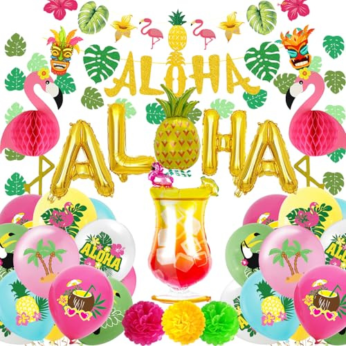 AUNGCSHE 34 Set Hawaii Party Deko, Aloha Sommerparty Set mit Aloha Banner, Wabenbällen, Beach Hawaii Ballons und Monstera Blättern, Hawaii Deko für Sommerparty, Poolparty und Beach Party