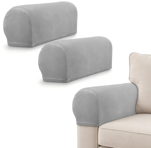 Gadpiparty 2Pcs Sofa Arm Covers Set of 2, Stretch Velvet Armrest Protectors, Soft Anti-Slip Removable Armchair Covers, Washable Furniture Arm Caps for Sofa, Couch and Recliner, Grey