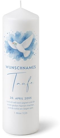 printplanet - Taufkerze Taube Blau - Personalisiert mit Name und Datum - Kerze Taufe Geschenk