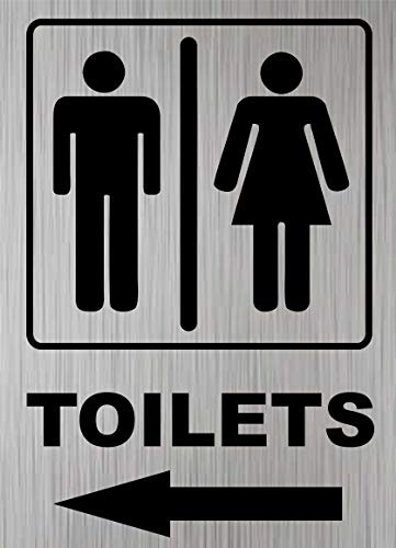 Toilets Sign Arrow Left Aluminium Adhesive Toilets Loo, Lavatory Self adhesive Brushed Silver 10cm x 15cm