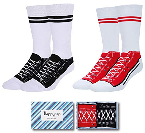 HAPPYPOP Socks That Look like Shoes - 2 Pairs Funny Crew Sneaker Socks Teen, Gifts for Him Dad Men