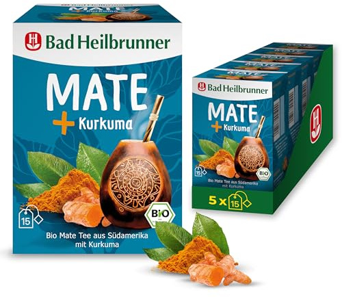 Bad Heilbrunner Kurkuma + Mate Tee - im Filterbeutel - klassischer Mate Tee aus Südamerika mit Kurkuma - harmonisches Geschmakserlebnis (5 x 15 Filterbeutel)